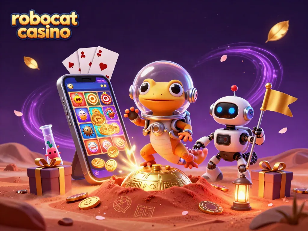 Experience the thrill of robocat casino with a vibrant illustration of a Martian gecko and gaming elements.