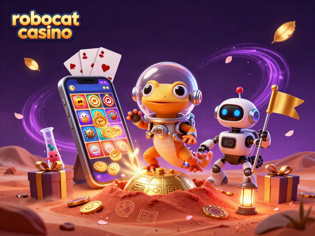 Experience the thrill of robocat casino with a vibrant illustration of a Martian gecko and gaming elements.