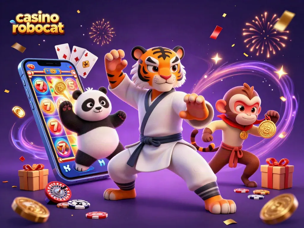 Engage with casino robocat in an exciting 3D illustration showcasing vibrant gaming elements.