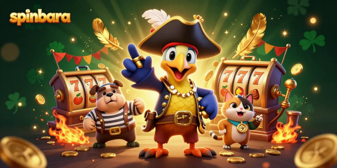 Spinbara showcases a vibrant scene with a pirate captain, bulldog, and cat among slot elements.
